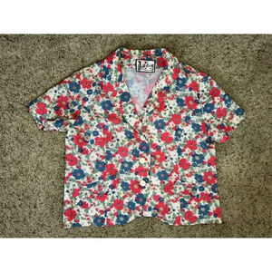 Vintage VOGUE Red Blue Floral Button Front Crop Blouse Top Small Retro Cottageco